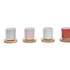 4 gobelets avec sous tasses en bois rouge et blanc