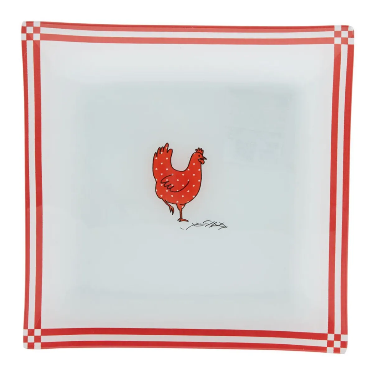 Assiette à dessert carrée blanc et rouge design poule