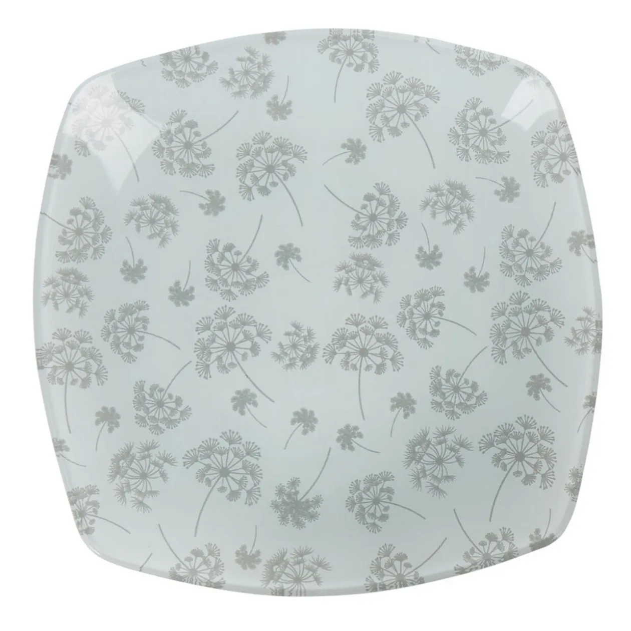 Assiette à dessert carrée blanche fleur pissenlit gris