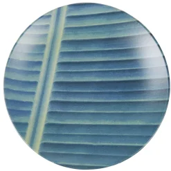 Assiette à dessert en faïence imprimé feuille vert bleu