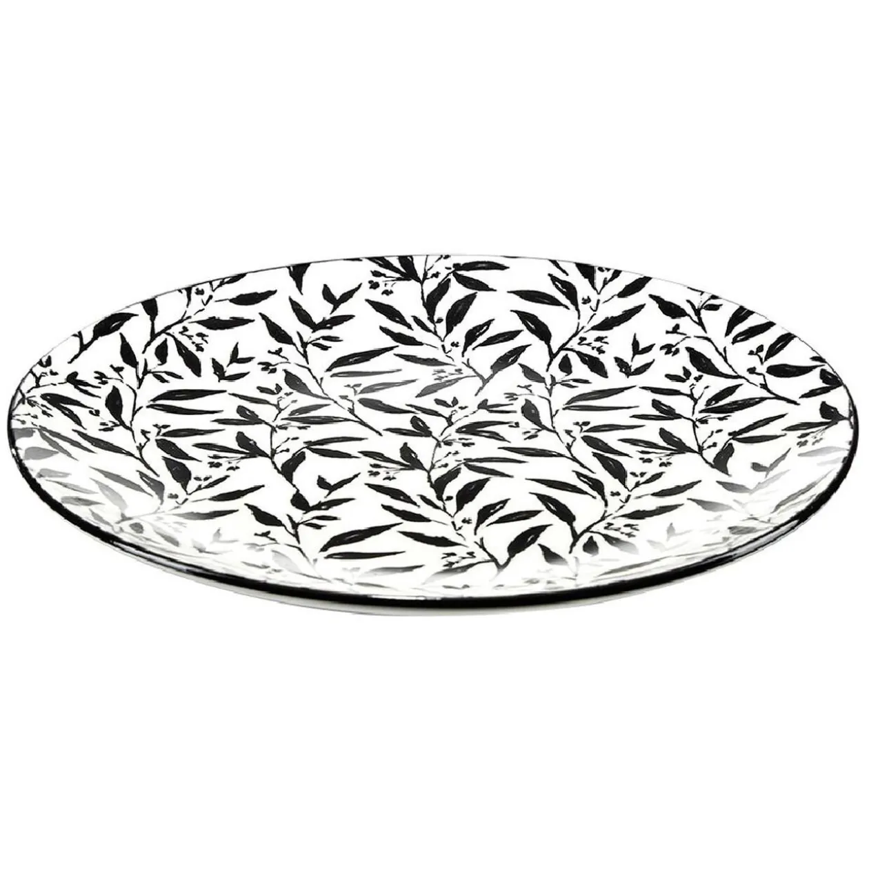Assiette à dessert porcelaine motif feuillage noir blanc Ø19xH2cm