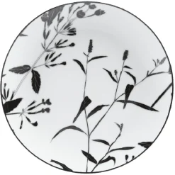 Assiette à dessert ronde blanche décor tiges feuilles noires