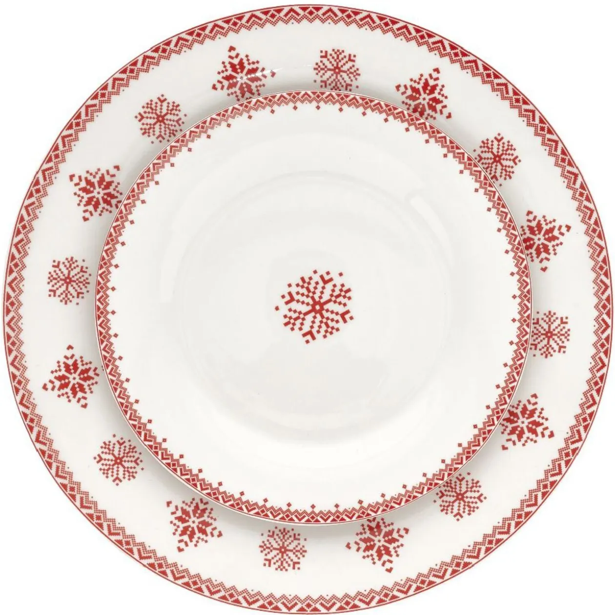 Assiette plate en porcelaine blanche motif Noël flocons rouges