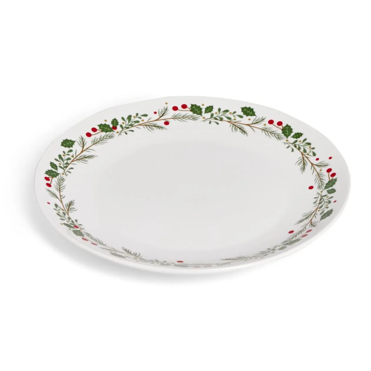 Assiette plate en porcelaine blanche motif feuillage de Noël Ø27cm