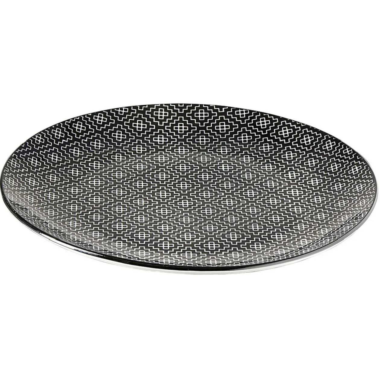 Assiette plate ronde motif géométrique noir et blanc