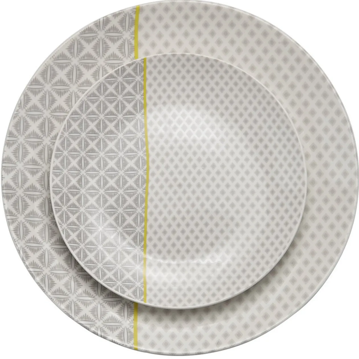 Assiette plate Zanzibar motif géométrique blanc et gris