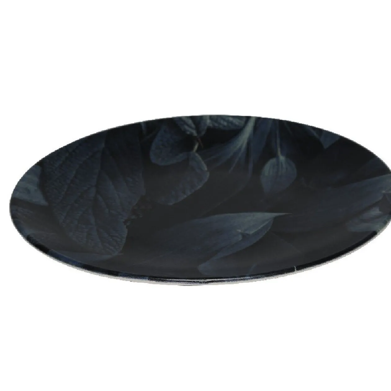 Assiette ronde plate motif feuillage vert noir