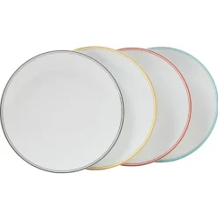 Assiette ronde plate porcelaine blanc avec bord coloré x4