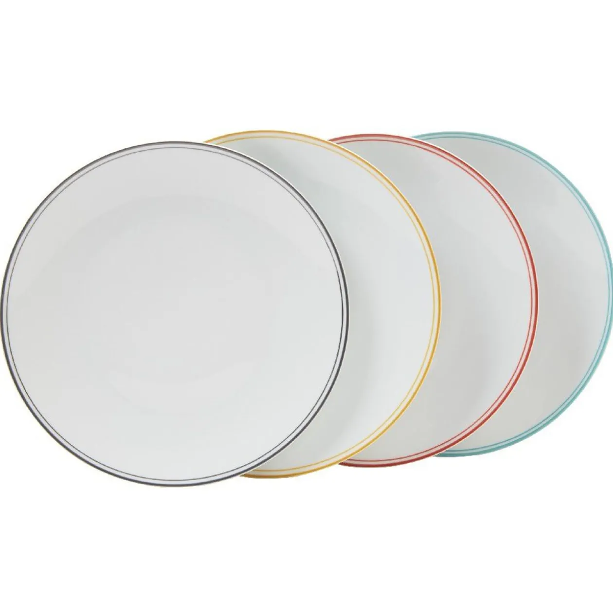Assiette ronde plate porcelaine blanc avec bord coloré x4