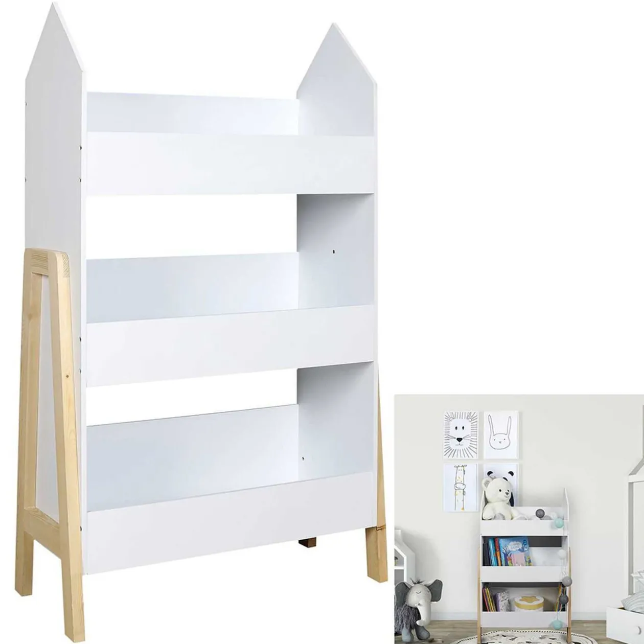 Bibliothèque Gabriel design maison 3 niveaux blanc et naturel