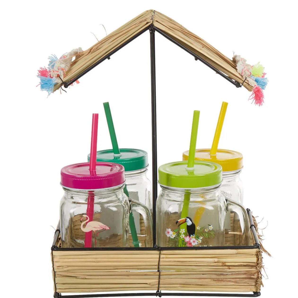 Bocal à paille et couvercle style tropical avec support x4