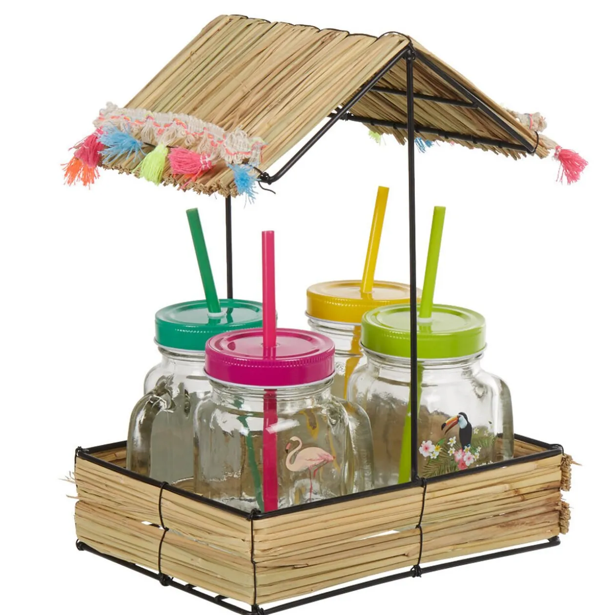 Bocal à paille et couvercle style tropical avec support x4