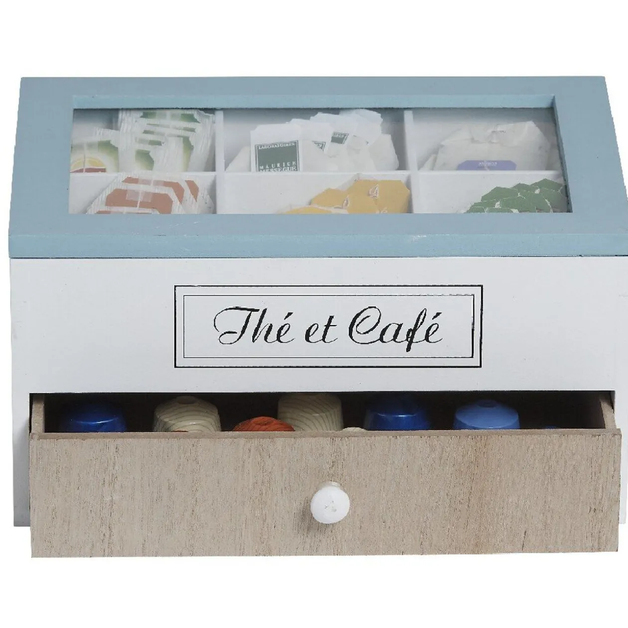 Boîte à dosettes Thé et Café blanc naturel et bleu