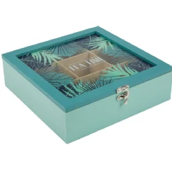 Boîte à thé carrée vert d'eau et décor tropical tea time