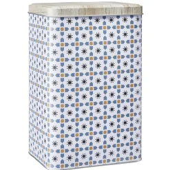 Boîte en métal décor carreau de ciment avec couvercle effet bois