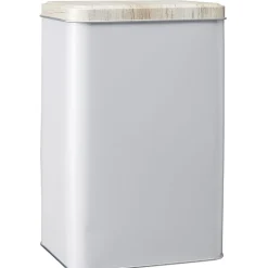 Boîte rectangulaire en métal gris avec couvercle effet bois