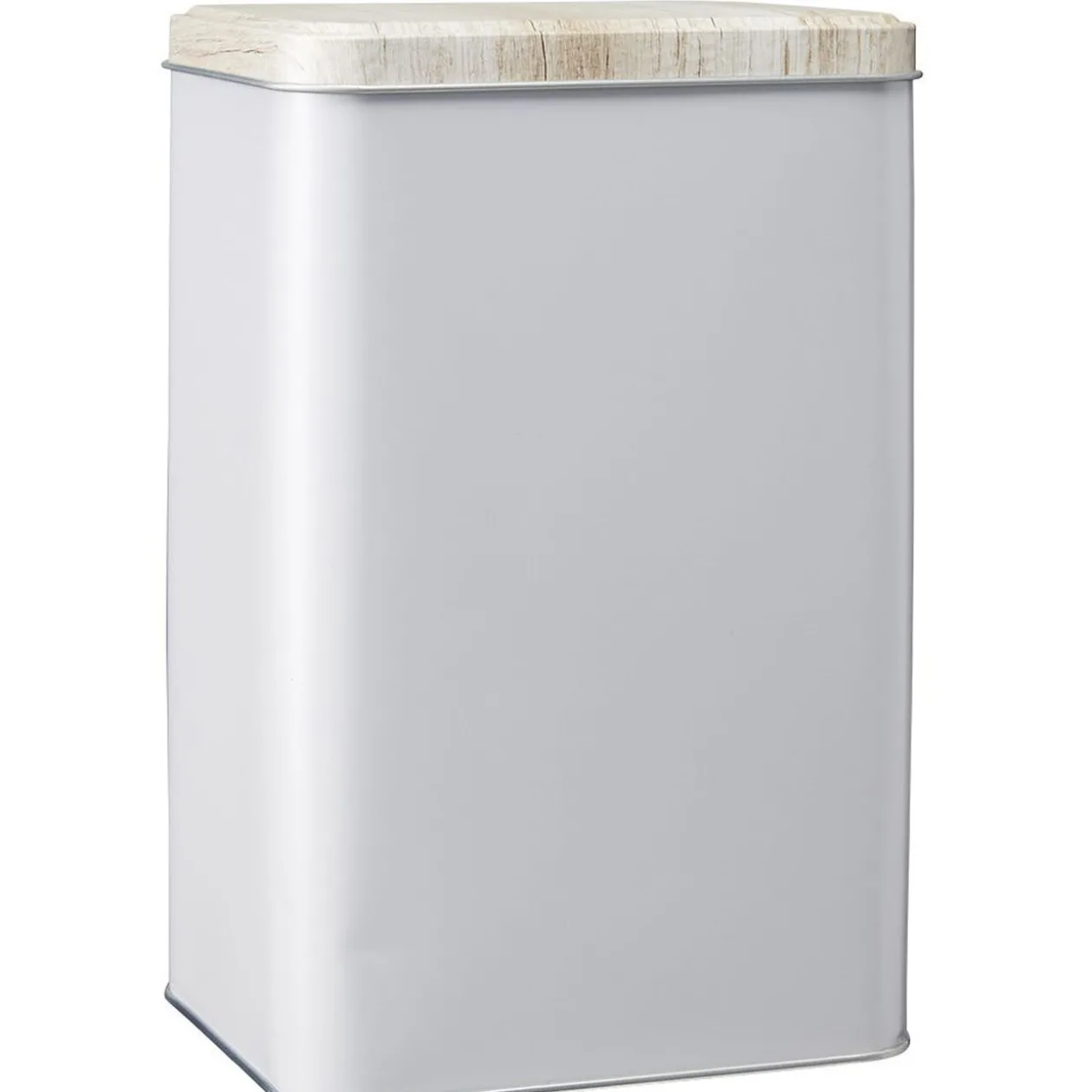 Boîte rectangulaire en métal gris avec couvercle effet bois