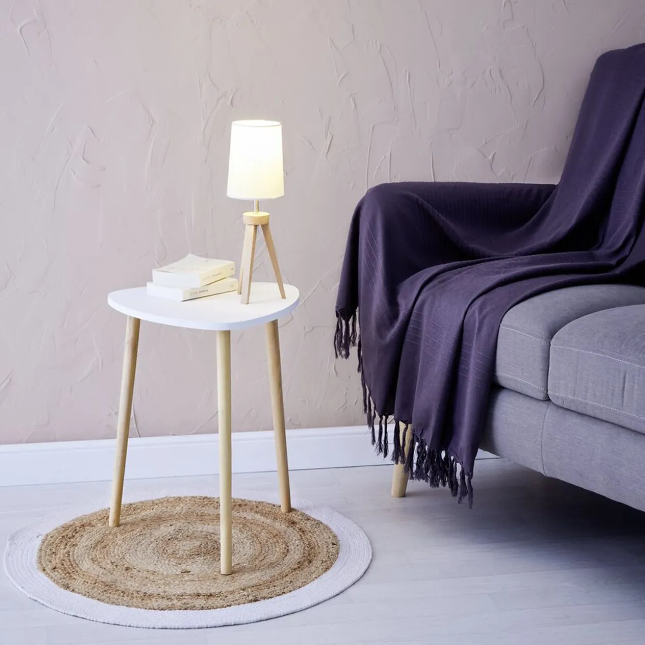 Bout de canapé Joseph Blanc pieds en pin verni Ø48 x H42 cm