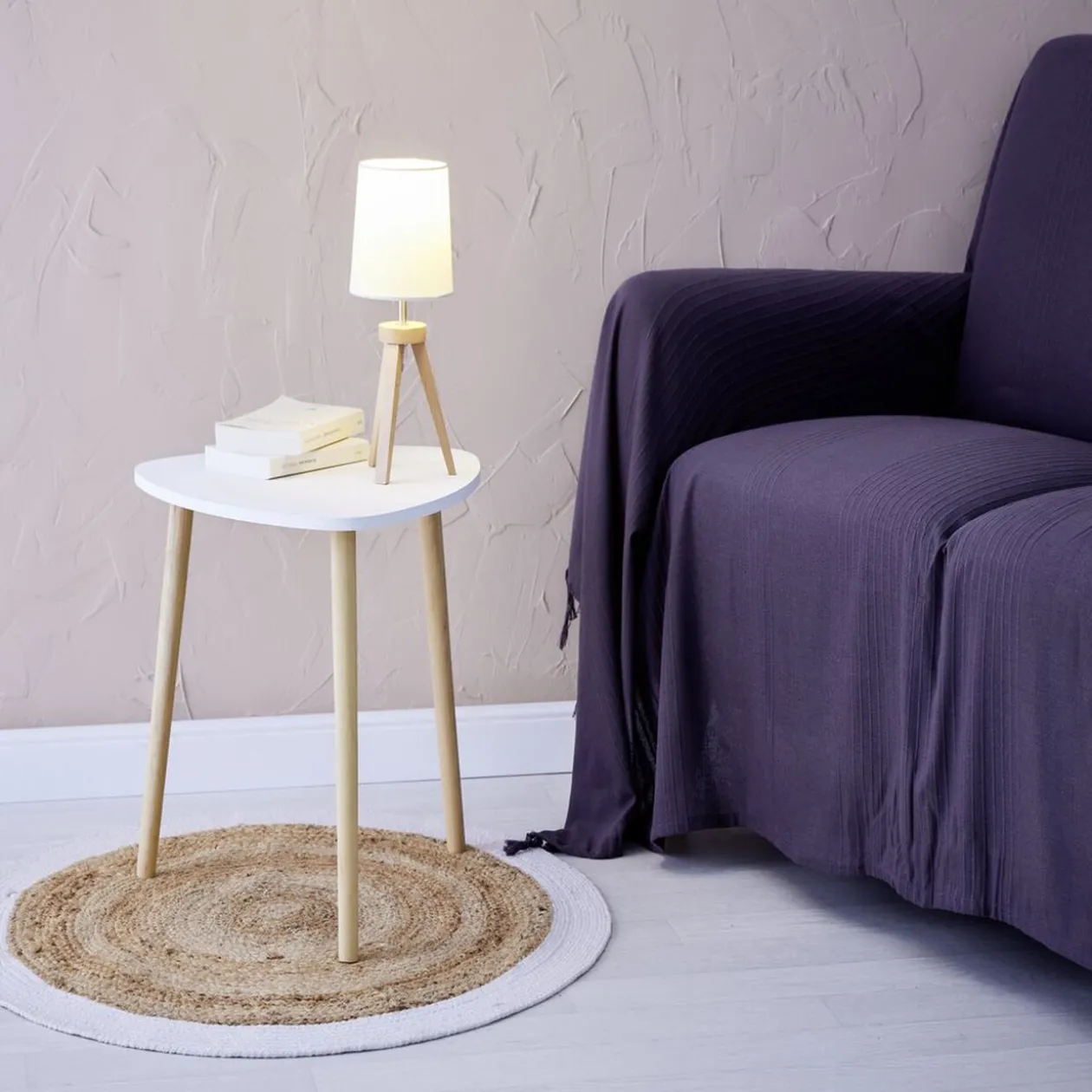 Bout de canapé Joseph Blanc pieds en pin verni Ø48 x H42 cm