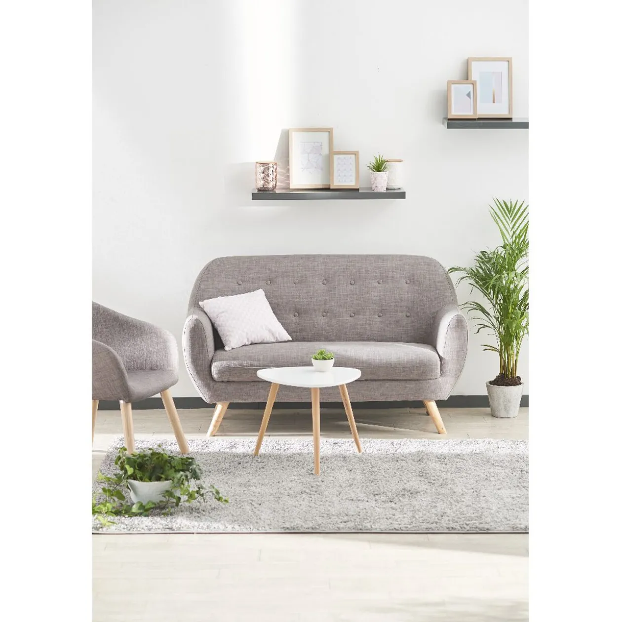 Bout de canapé Joseph Blanc pieds en pin verni Ø48 x H42 cm