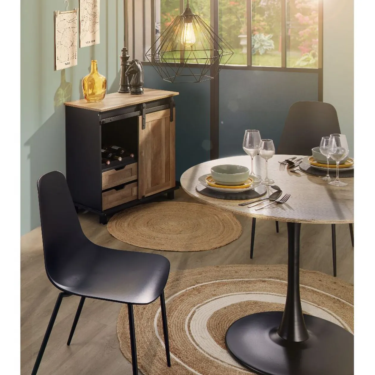 Buffet Florence noir et miel porte coulissante 2 tiroirs