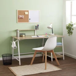 Bureau Troy en métal et bois blanc et naturel 118x61,5x73/92cm