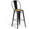 Chaise haute Fabrik métal noir et acacia 43x47xH.110 cm