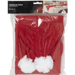 Chemin de table design bonnet de Noël rouge et pompon blanc