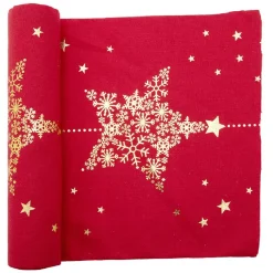 Chemin de table en tissu rouge motif flocon doré