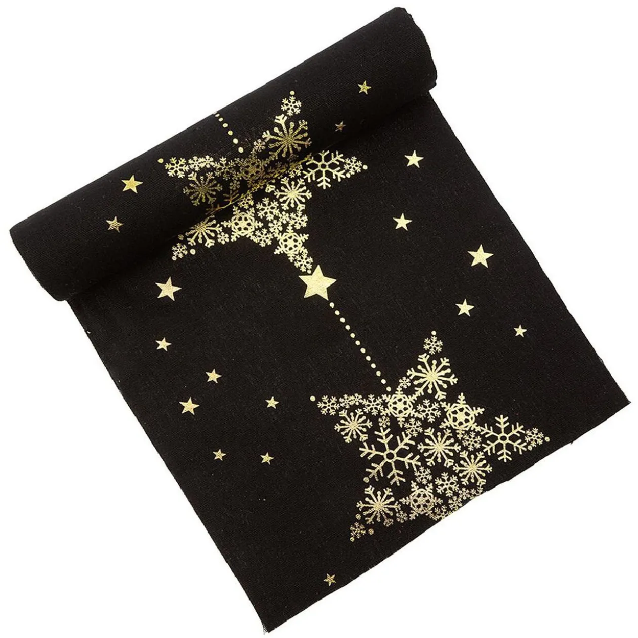 Chemin de table en tissu noir motif flocon doré