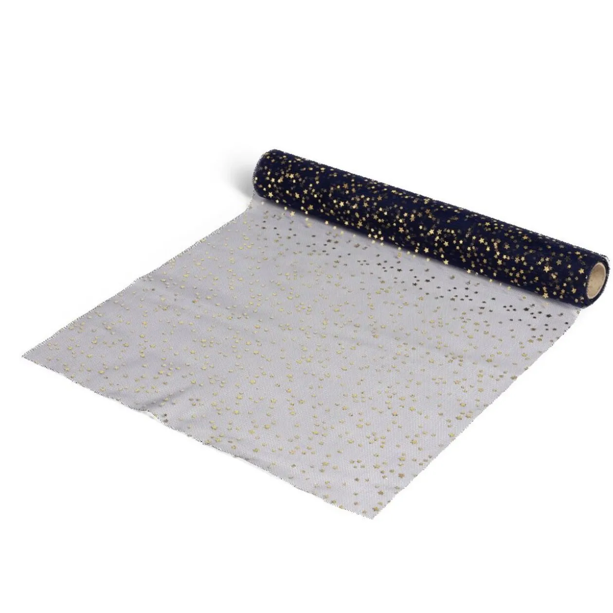 Chemin de table tulle bleu motif étoile dorée 3m