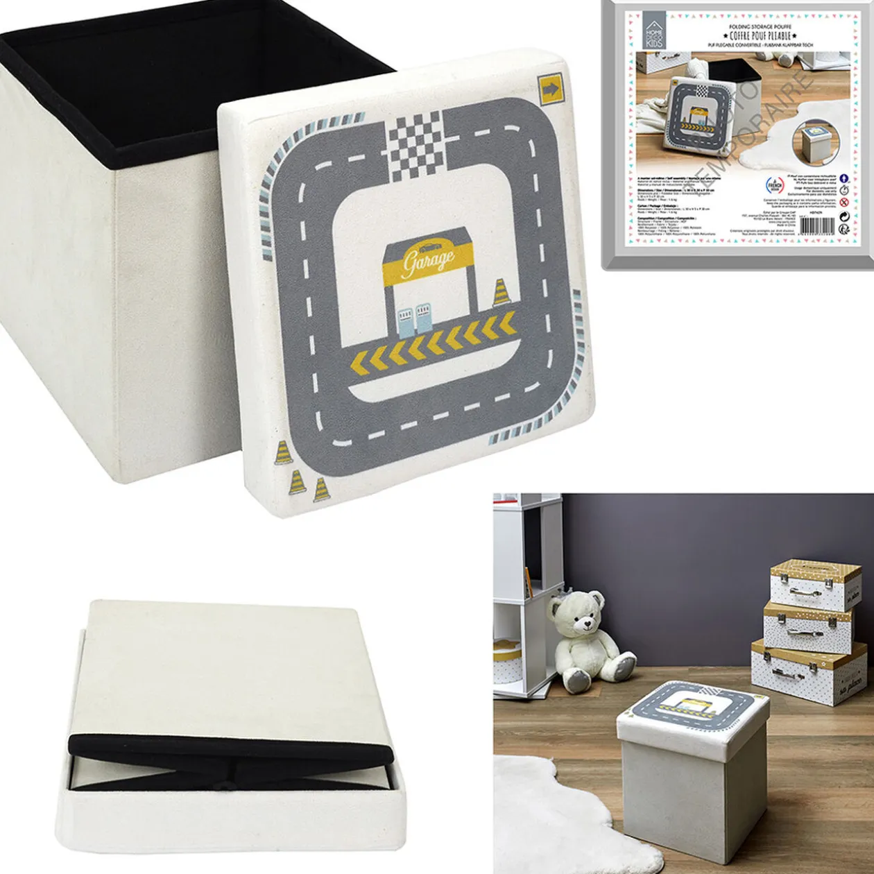 Coffre pouf pliable motif circuit Gris - 30x30xH30 cm