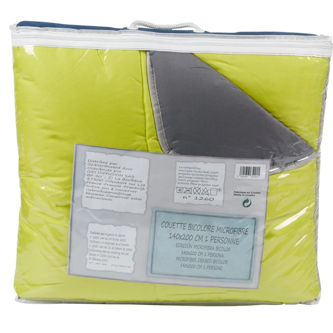 Couette 1 place bicolore vert anis et gris