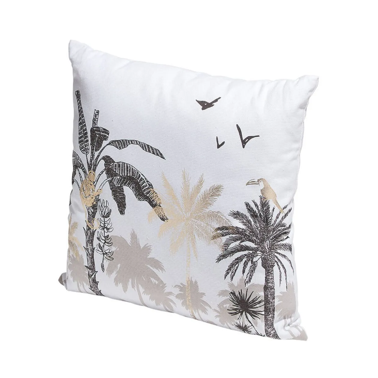 Coussin blanc motif paysage tropical noir et doré