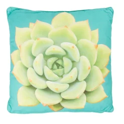 Coussin carré bleu motif fleur de cactus verte
