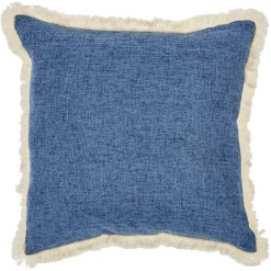 Coussin carré denim à franges bleu et blanc