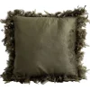 Coussin carré déhoussable velours contour plume kaki 50x50xép15cm