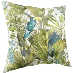Coussin carré imprimé feuillage et perroquet vert