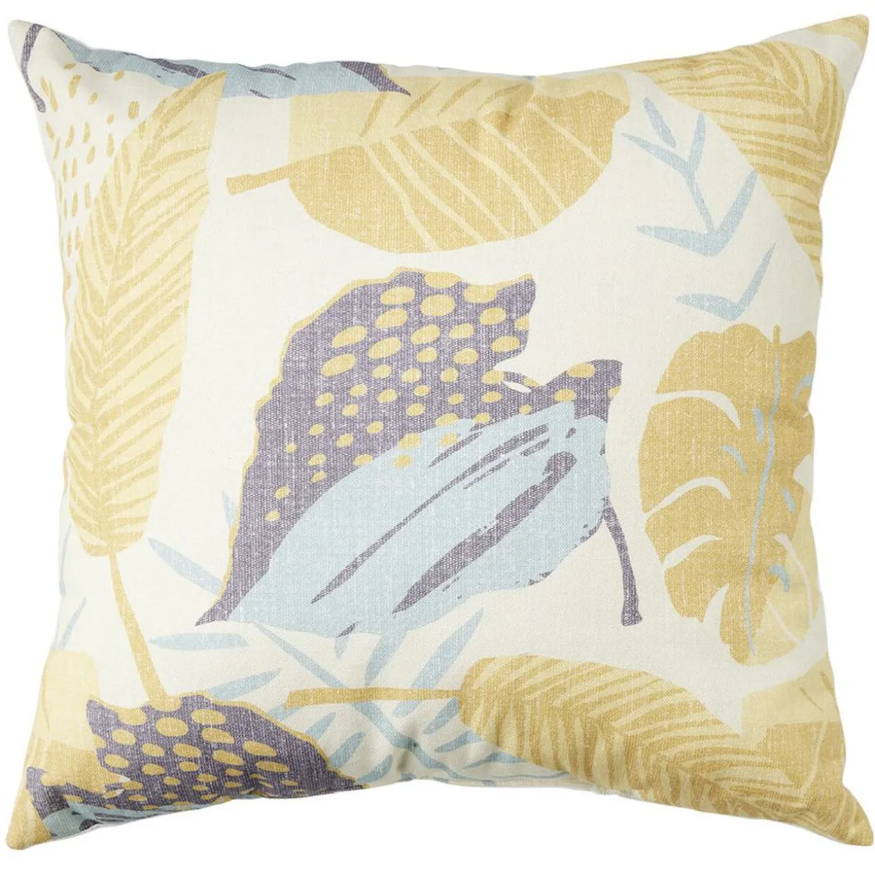 Coussin carré imprimé feuilles jaune bleu