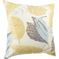 Coussin carré imprimé feuilles jaune bleu