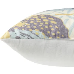 Coussin carré imprimé feuilles jaune bleu