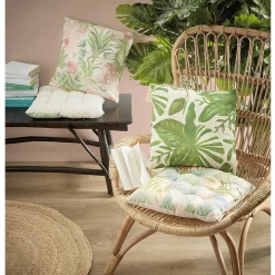 Coussin carré imprimé tropical 4 pompons 40x40 cm