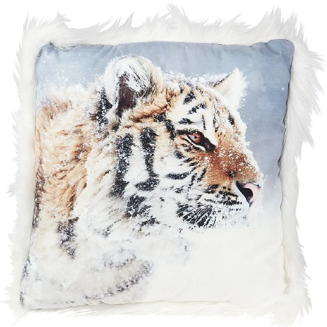 Coussin carré motif animal avec bordure imitation fourrure