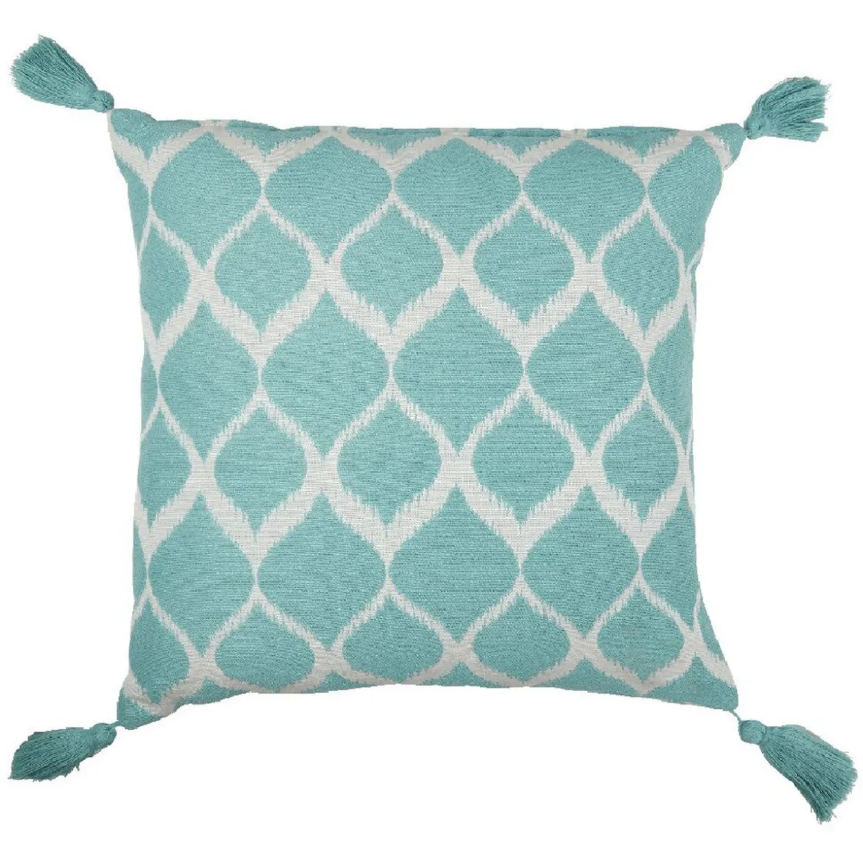 Coussin carré motif géométrique blanc bleu 4 pompons