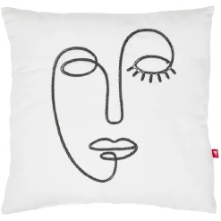 Coussin carré motif line art visage blanc polycoton 38x38cm