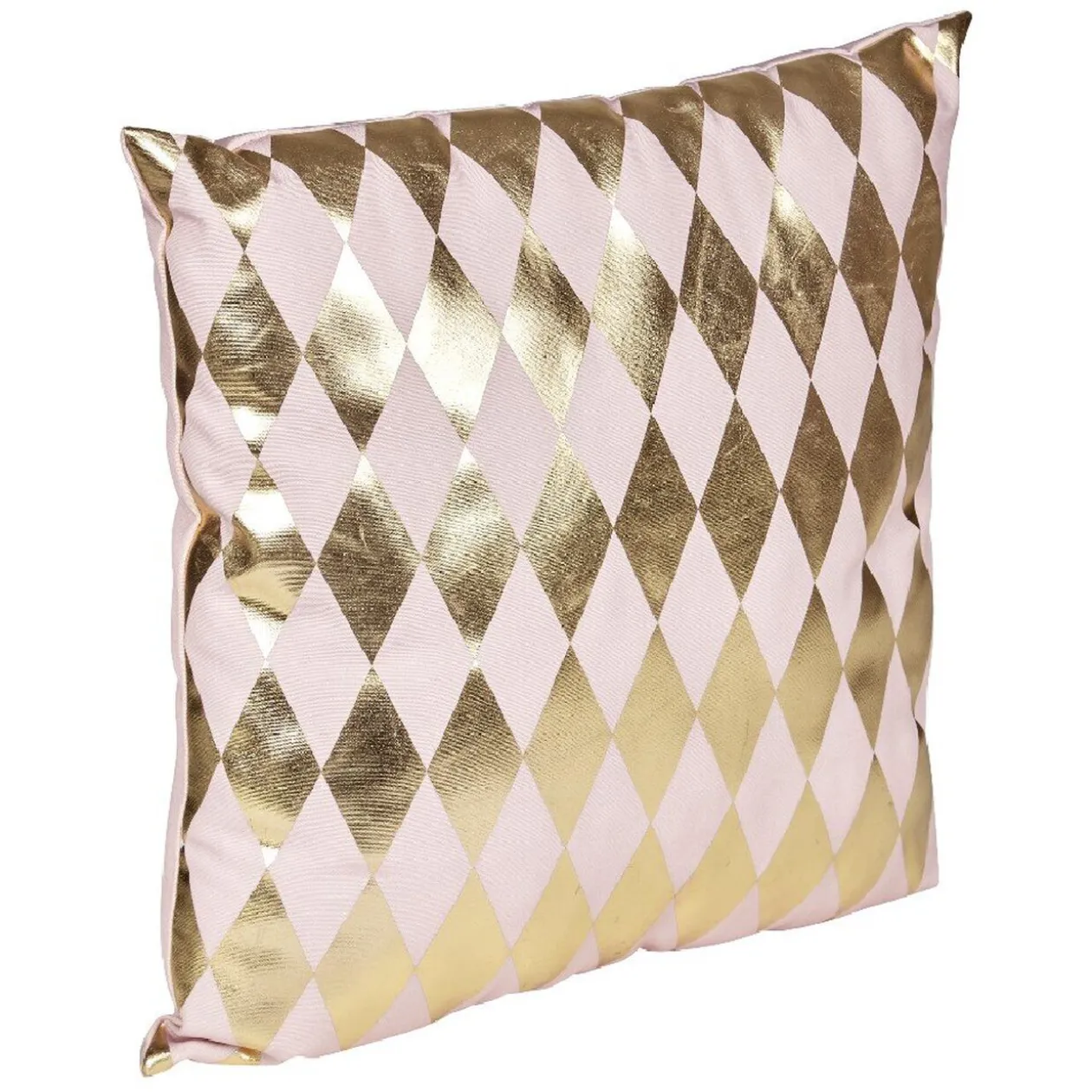 Coussin carré motif losange doré et rose poudré