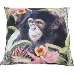 Coussin carré multicolore motifs fleurs et tête de chimpanzé 40x40cm
