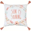 Coussin carré pompons Sun is Shining motif fleur blanc et rose