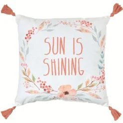 Coussin carré pompons Sun is Shining motif fleur blanc et rose