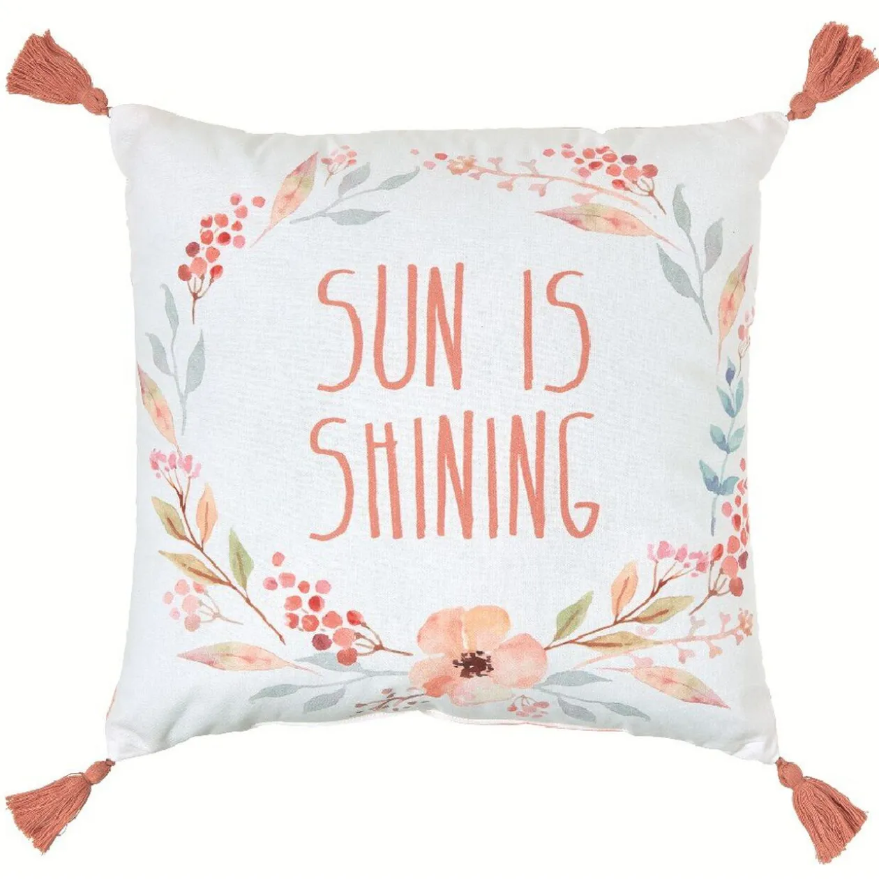 Coussin carré pompons Sun is Shining motif fleur blanc et rose